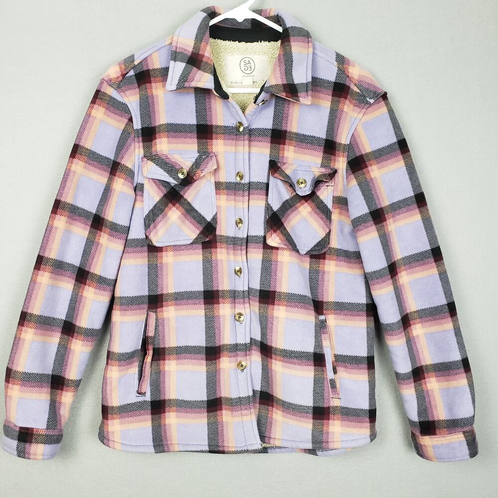SAGE Collective Women's S Fuzzy Lined Plaid‎ Shacket Purple Western Fall Casual